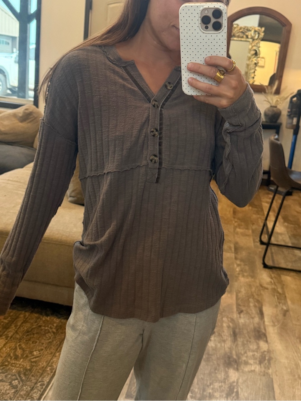 BKE Lightweight Knit Button-Front Top in Taupe Gray